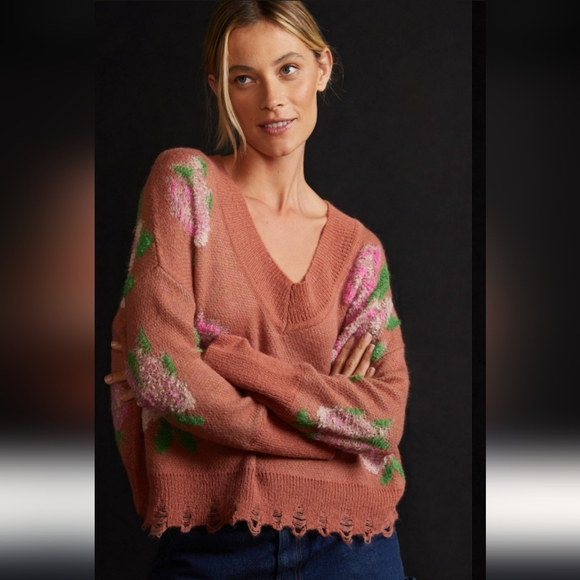 Anthropologie Floral Rose Casual Chic Distressed V-Neck Knit Sweater - Picture 1 of 7
